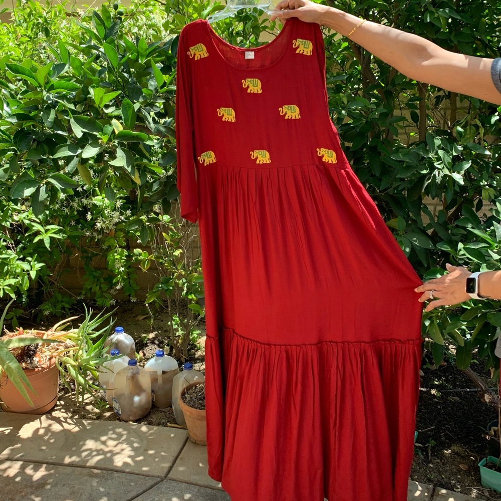 Indian red maxi dress with embroidered elephants